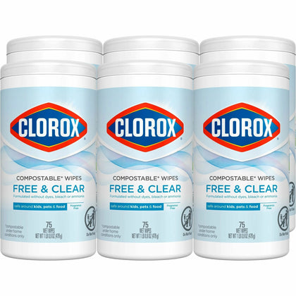 Clorox Free & Clear Compostable Cleaning Wipes - Fragrance-free Dye-free - 75 Wipes/Tub - 6 Carton