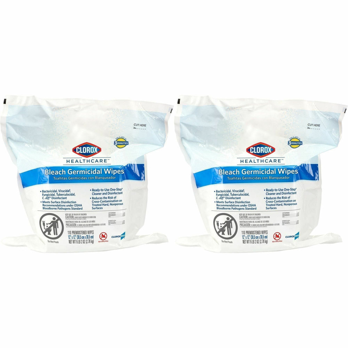 Clorox Healthcare Bleach Germicidal Wipes: Healthcare-Grade Disinfectant - 110/Bag - Cleaning Wipes