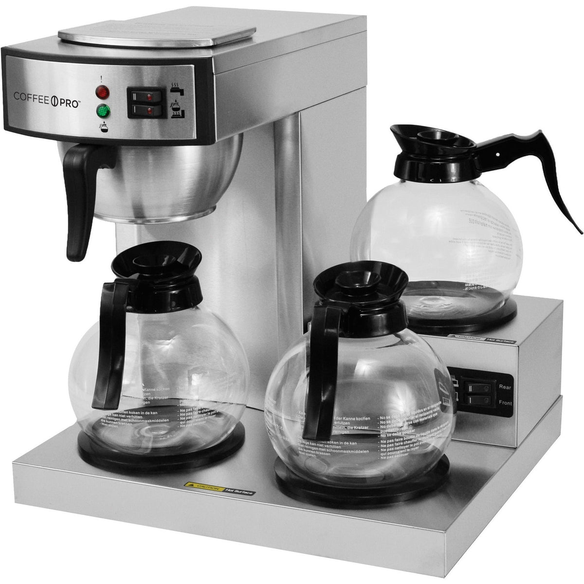 Coffee Pro 3-Burner Commercial Brewer - 2.32 quart - 36 Cup(s) - Multi-serve - Silver - Glass Body - Makers & Warmers