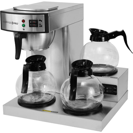 Coffee Pro 3-Burner Commercial Brewer - 2.32 quart - 36 Cup(s) - Multi-serve - Silver - Glass Body - Makers & Warmers