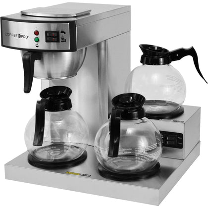 Coffee Pro 3-Burner Commercial Brewer: 36 Cup Multi-Serve - Silver Glass - Makers & Warmers