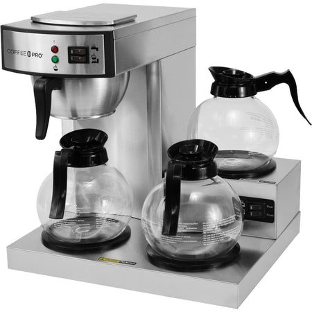 Coffee Pro 3-Burner Commercial Brewer: 36 Cup Multi-Serve - Silver Glass - Makers & Warmers