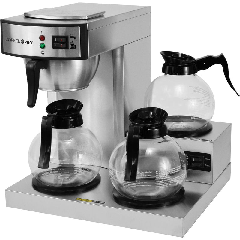Coffee Pro 3-Burner Commercial Brewer - 2.32 quart - 36 Cup(s) - Multi-serve - Silver - Glass Body - Makers & Warmers