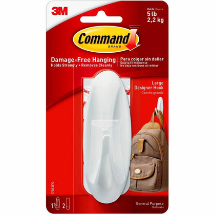 Command Large Designer Hook - 5 lb Capacity - White - 1 Pack - Mounting Tape & Putty