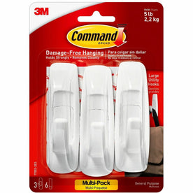 Command Large Utility Hook Value Pack - 5 lb (2.27 kg) Capacity - for Wood Paint Tile - Plastic - White - 3 / Mounting