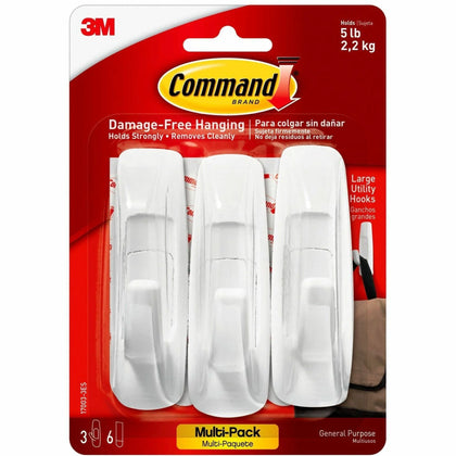 Command Large Utility Hook Value Pack - 5 lb Capacity - White - 3/Pack - Mounting Tape & Putty
