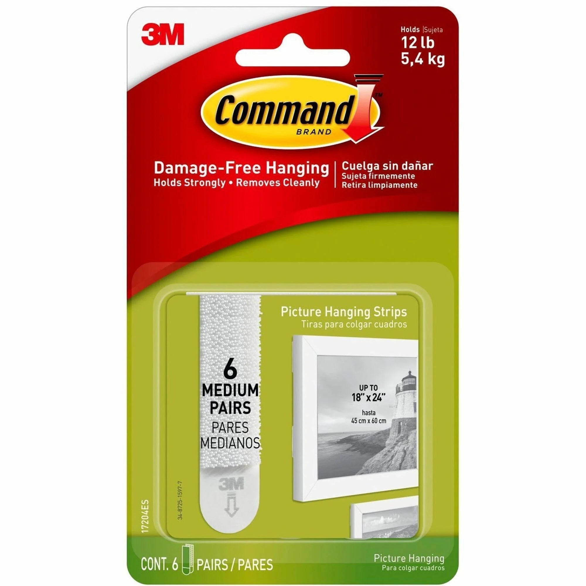 Command Medium Picture Hanging Strips 2.75’’ Length x 0.75’’ Width White 6 / Pack Rubber Resin Backing (MMM17204ES)
