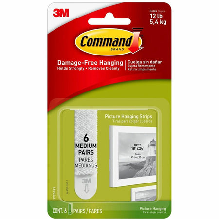 Command Medium Picture Hanging Strips 2.75’’ Length x 0.75’’ Width White 6 / Pack Rubber Resin Backing (MMM17204ES)