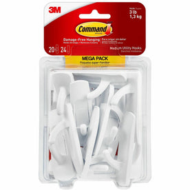 Command Medium Utility Hook Mega Pack - 3 lb (1.36 kg) Capacity - for Multipurpose Paint Wood Tile - White - 20