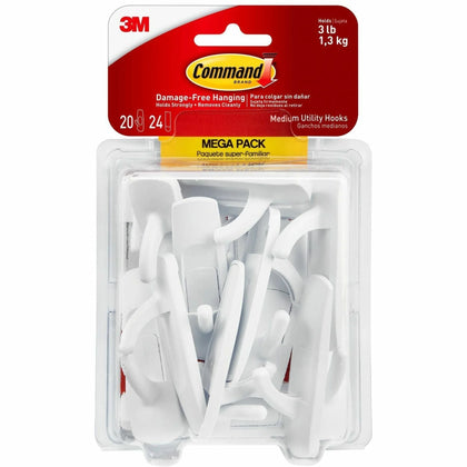 Command Medium Utility Hook Mega Pack - 3 lb Capacity - White - 20/Pack - Mounting Tape & Putty