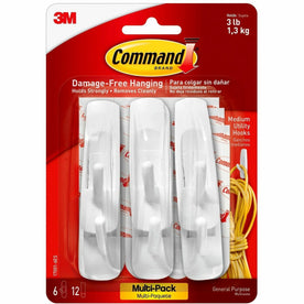 Command Medium Utility Hooks with Adhesive Strips - 3 lb (1.36 kg) Capacity - for Paint Wood Tile - White - 6 / Pack