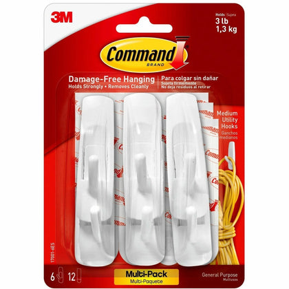 Command Medium Utility Hooks: 3 lb Capacity - White - 6/Pack - Mounting Tape & Putty