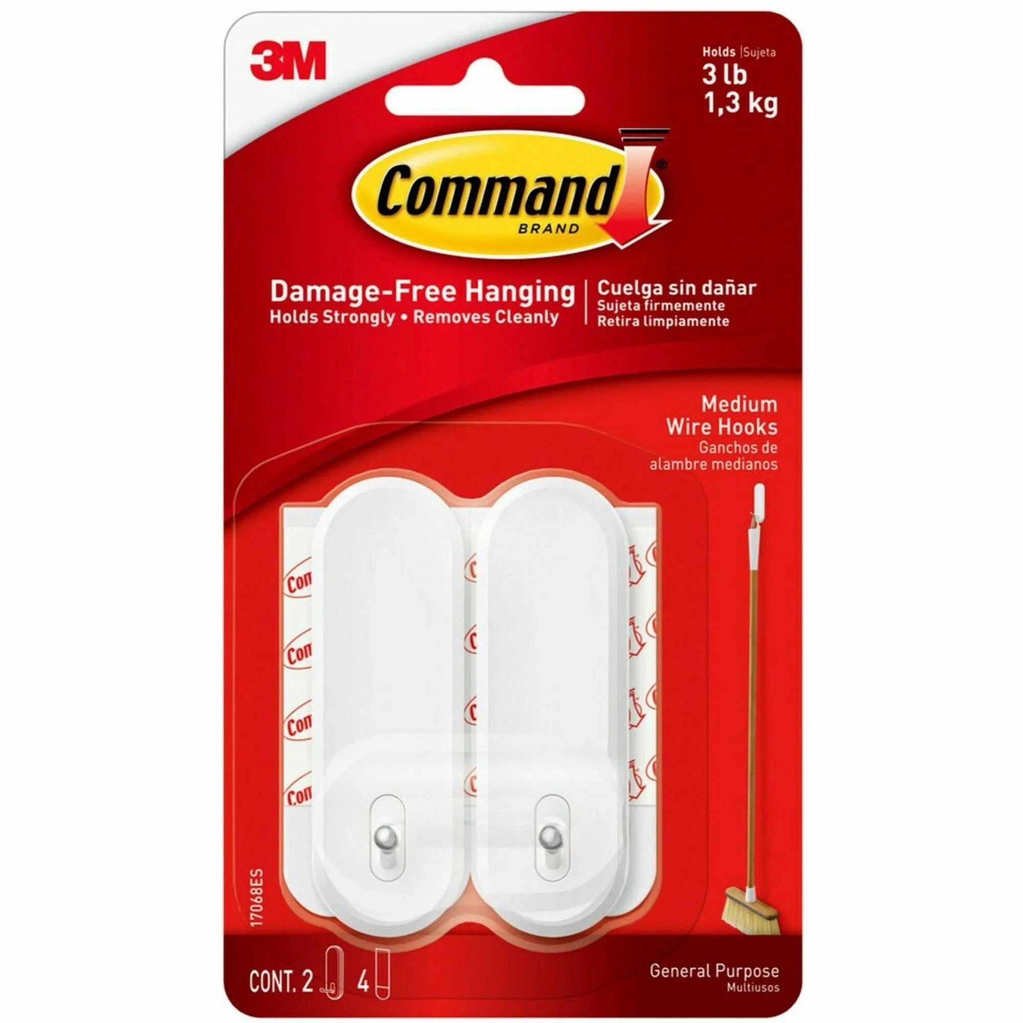 Command Medium Wire Hook - 3 lb Capacity - White Plastic Hooks - 2 Pack - Mounting Tape & Putty