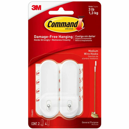 Command Medium Wire Hook - 3 lb Capacity - White Plastic Hooks - 2 Pack - Mounting Tape & Putty
