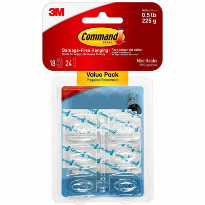 Command Mini Clear Hooks: 7.94 oz Capacity 1.1’’ Height - 18 Pack - Mounting Tape & Putty