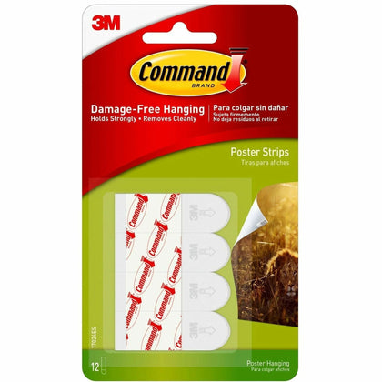 Command Small Poster Strips: 1.75’’ x 0.63’’ White Foam - 12 Pack - Mounting Tape & Putty