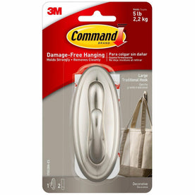 Command Traditional Hook - Large - 5 lb (2.27 kg) Capacity - for Decoration - Plastic - Metallic Silver - Brushed