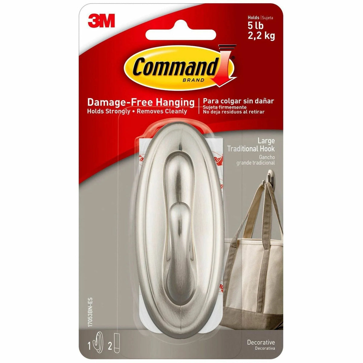Command Traditional Hook - Large - 5 lb Capacity - Metallic Silver - Brushed Nickel - 1 Pack - Mounting Tape & Putty