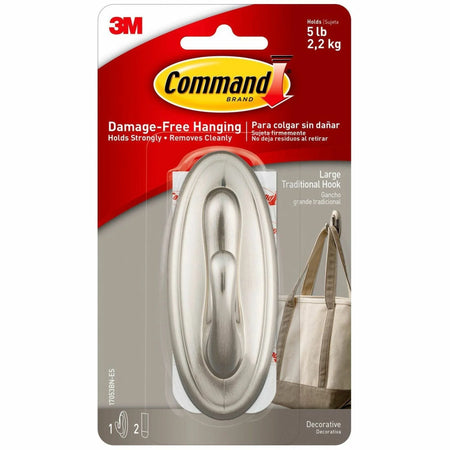 Command Traditional Hook - Large - 5 lb Capacity - Metallic Silver - Brushed Nickel - 1 Pack - Mounting Tape & Putty