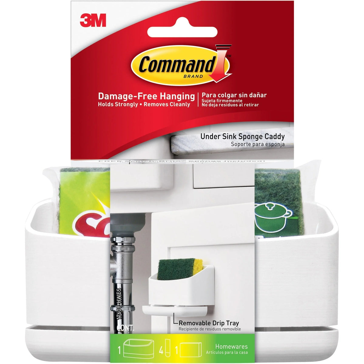 Command Under Sink Sponge Caddy - White - 1 Pack - 9.38’’ x 12’’ 7.75’’ - Sponges Cleaning Pads & Wipers