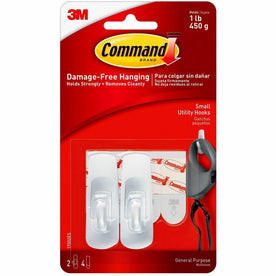Command Utility Hooks - 2 Small Hook - 1 lb (453.6 g) Capacity - Plastic - White - Pack - Mounting Tape & Putty