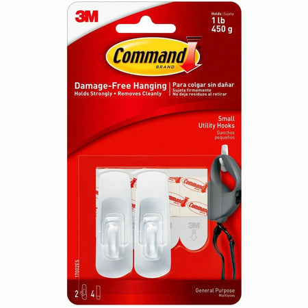 Command Utility Hooks: 2 Small Hooks - 1 lb Capacity - White Plastic - Pack - Mounting Tape & Putty