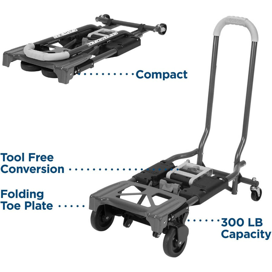 Cosco Shifter Hand Truck & Cart - 300 lb Capacity - 4 Casters - Steel - 16’’ Width x 3.90’’ Depth 31.50’’ Height - Gray