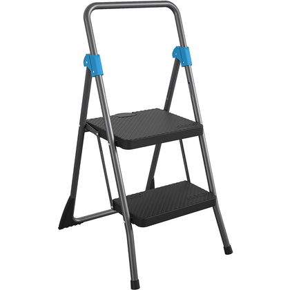 Cosco Steel 2-Step Folding Step Stool - 300 lb Capacity - Gray - Ladders & Stools