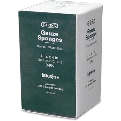 Cotton Gauze Sponges: Caring 8-Ply 4’’x4’’ - 200/Pack - Bandages & Wraps