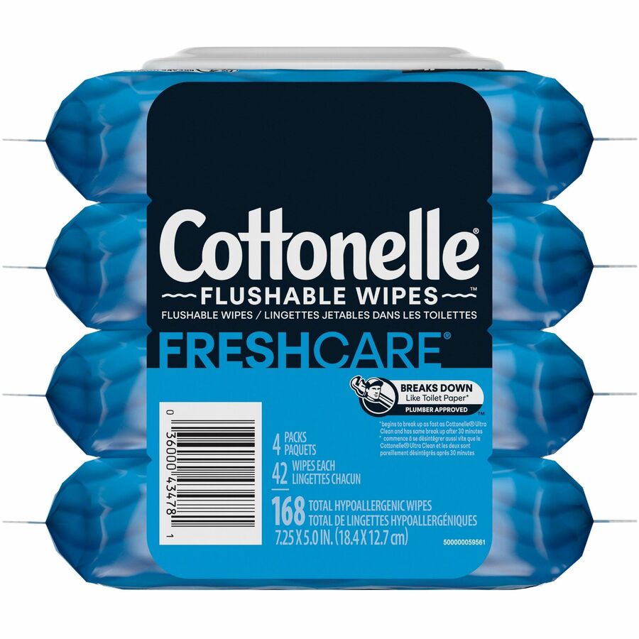 Cottonelle Flushable Wipes - 7.25’’ Length - CleaningRipples Texture - White - FiberPacket - 42/Packet - 4 / Pack