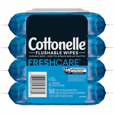 Cottonelle Flushable Wipes - 7.25’’ Length - CleaningRipples Texture - White - FiberPacket - 42/Packet - 4 / Pack