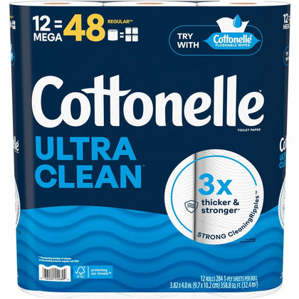 Cottonelle Ultra Clean Toilet Paper: 1-Ply White Paper 12-Pack - Bathroom Tissue