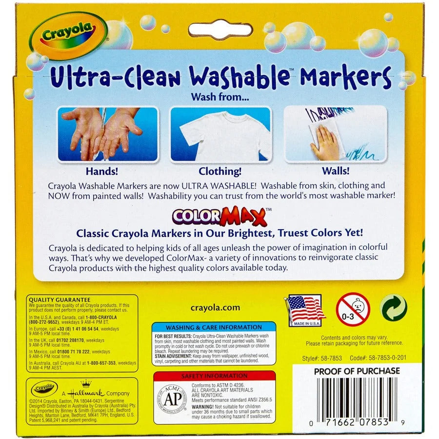 Crayola Bold Colors Washable Markers - Broad Point - Plum Golden Yellow Primrose Azure Copper Emerald Teal Raspberry