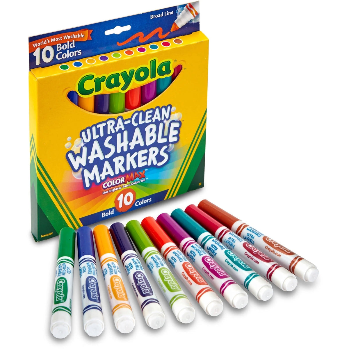 Crayola Bold Colors Washable Markers - Broad Point - Plum Golden Yellow Primrose Azure Copper Emerald Teal Raspberry