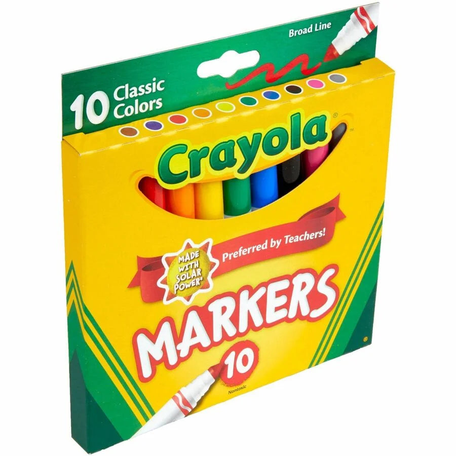 Crayola Classic Colors Broad Line Markers - 10 Set: Brown Purple Red Orange Yellow Green Black Gray Pink Blue Ink - Art