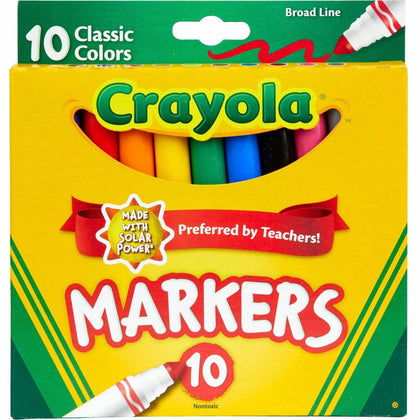 Crayola Classic Colors Broad Line Markers - 10 Set: Brown Purple Red Orange Yellow Green Black Gray Pink Blue Ink - Art