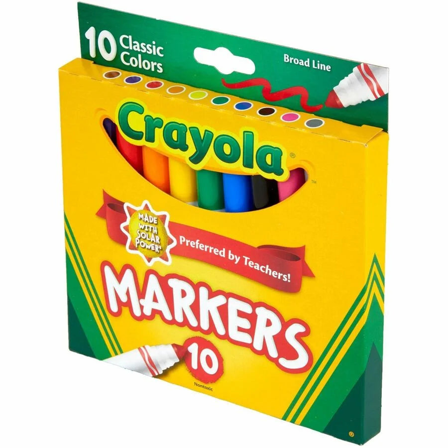 Crayola Classic Colors Broad Line Markers - 10 Set: Brown Purple Red Orange Yellow Green Black Gray Pink Blue Ink - Art