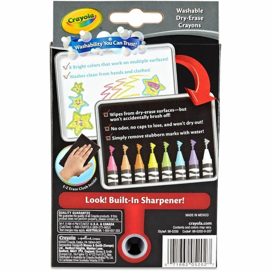 Crayola Odorless Dry Erase Crayons: Bright Assorted Colors - Set of 8 - Crayons