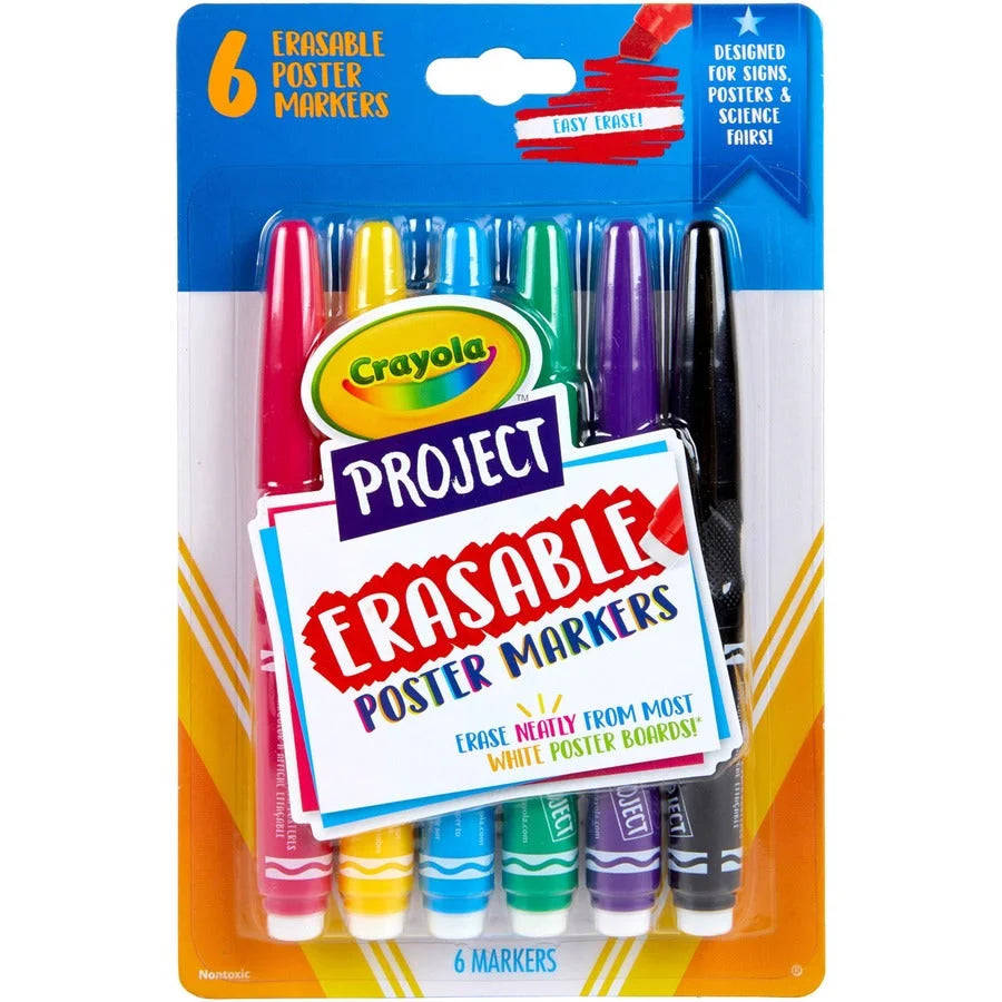 Crayola Project Erasable Poster Markers - Chisel Point - 6-Pack Assorted Colors - Art