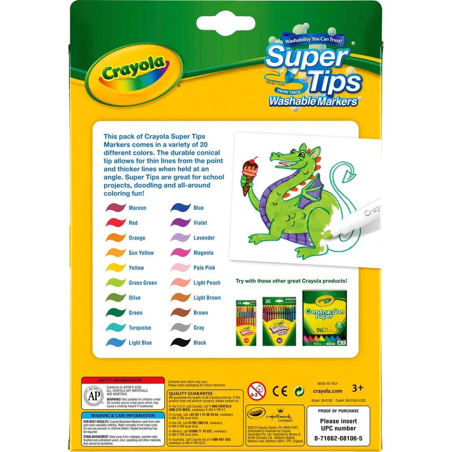 Crayola Super Tips Washable Markers: Fine Point Assorted Ink - 20/Set - Art Markers