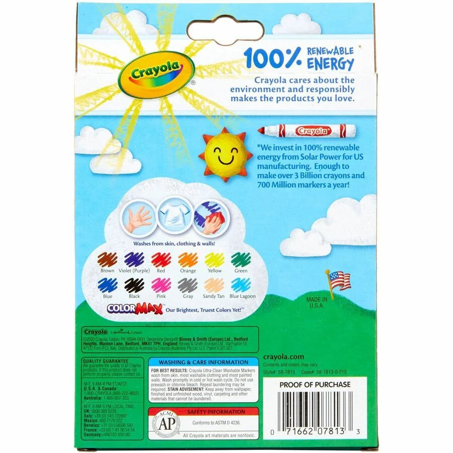 Crayola Thinline Washable Markers: Fine Point Water-Based Ink - 12 Colors - Art Markers