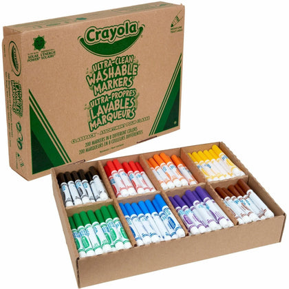 Crayola Ultra-Clean Washable Marker Classpack - 8 Colors - 200 Broad Conical Markers - Art