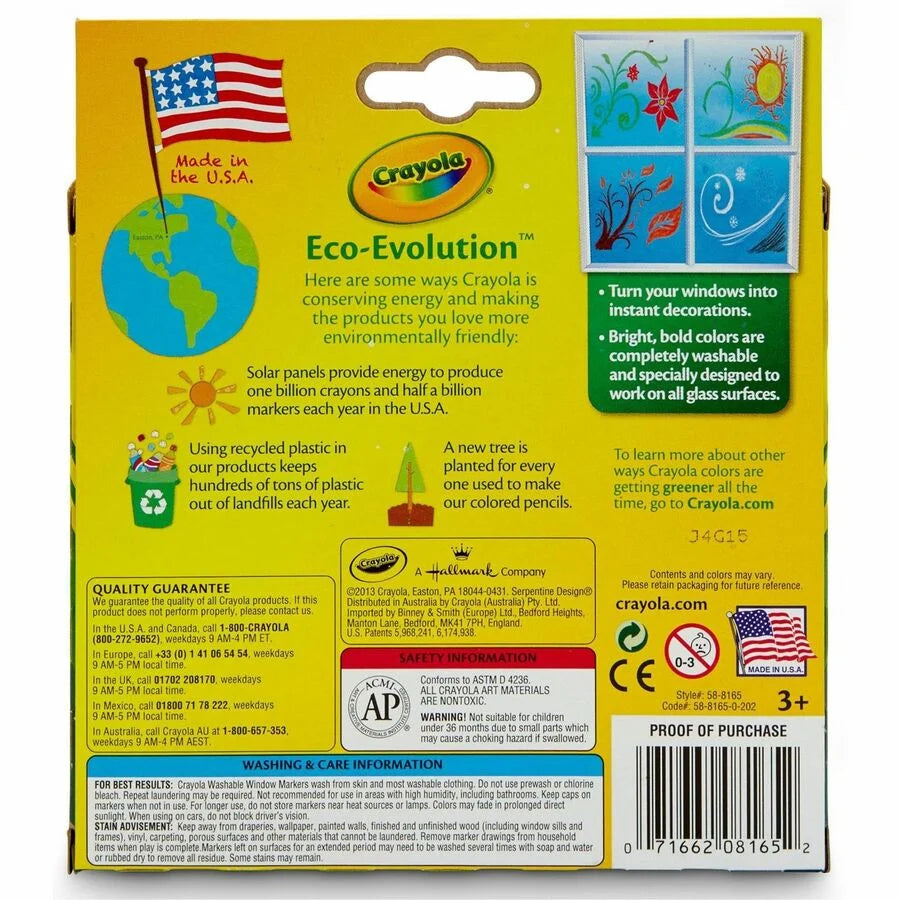Crayola Washable Window Markers - Conical Point - Assorted Ink - 8/Set - Art