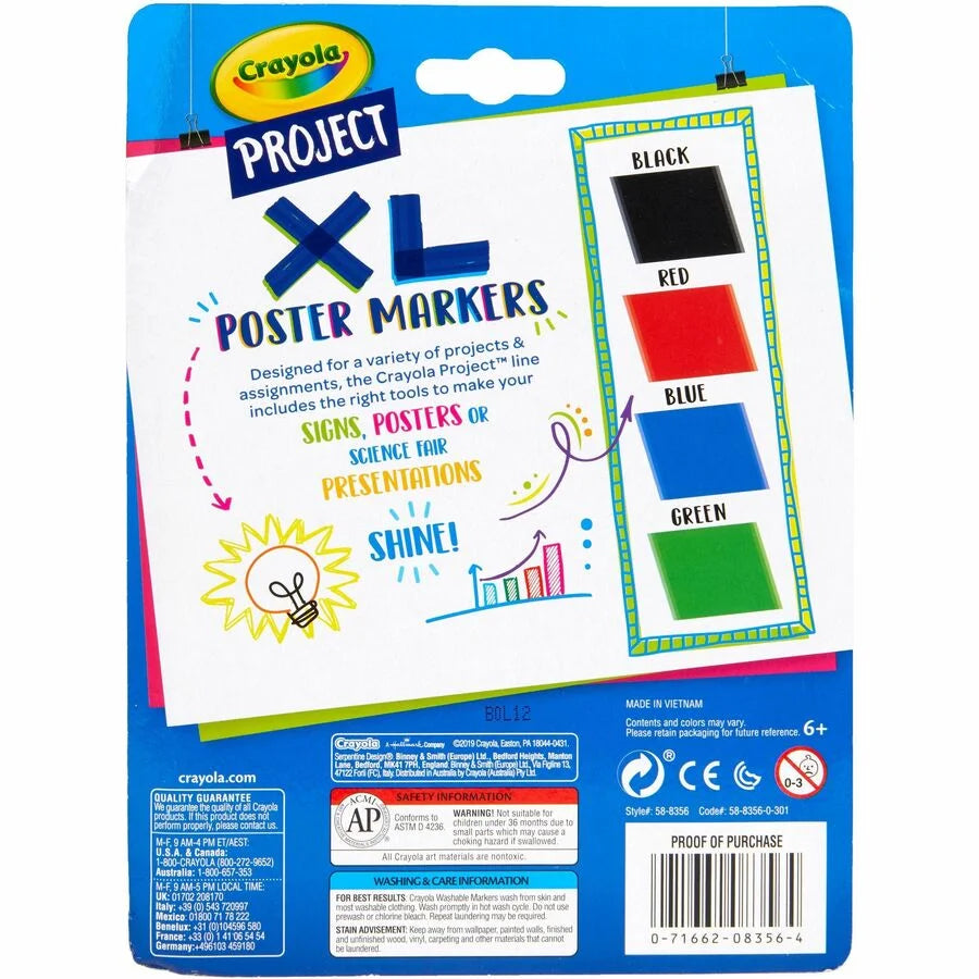 Crayola XL Classic Poster Markers: Bold Chisel Point Washable Ink - 4 Pack - Art Markers