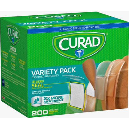 Curad 4-Sided Seal Bandages Variety Pack - 200 Assorted Fabric & Plastic - Box - Wraps
