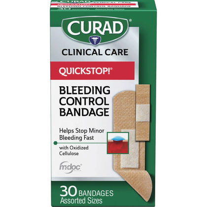 Curad QuickStop Bandages: Assorted Sizes Fabric 30/Box - Bandages & Wraps