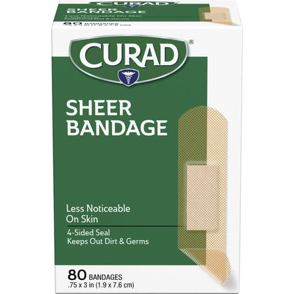 Curad Sheer Bandage Strips: Clear Fabric 0.75’’ x 3’’ - 80/Box - Bandages & Wraps