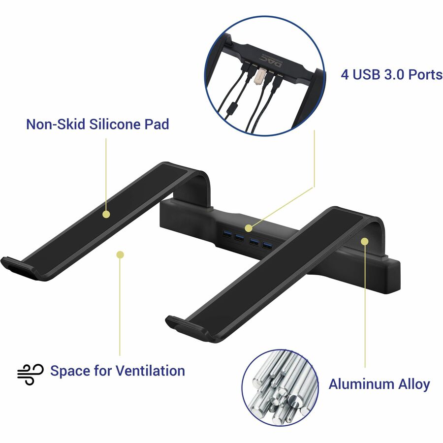 DAC® MP-220 Non-Skid Laptop Stand With 4-Port USB 3.0 Hub, Black - Alternate-Image1