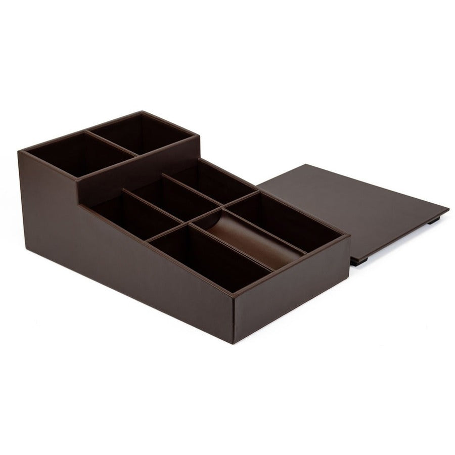 Dacasso Leather Coffee Condiment Organizer - Removable Lid - Chocolate Brown - Top Grain Velveteen Leatherette - 1 Each