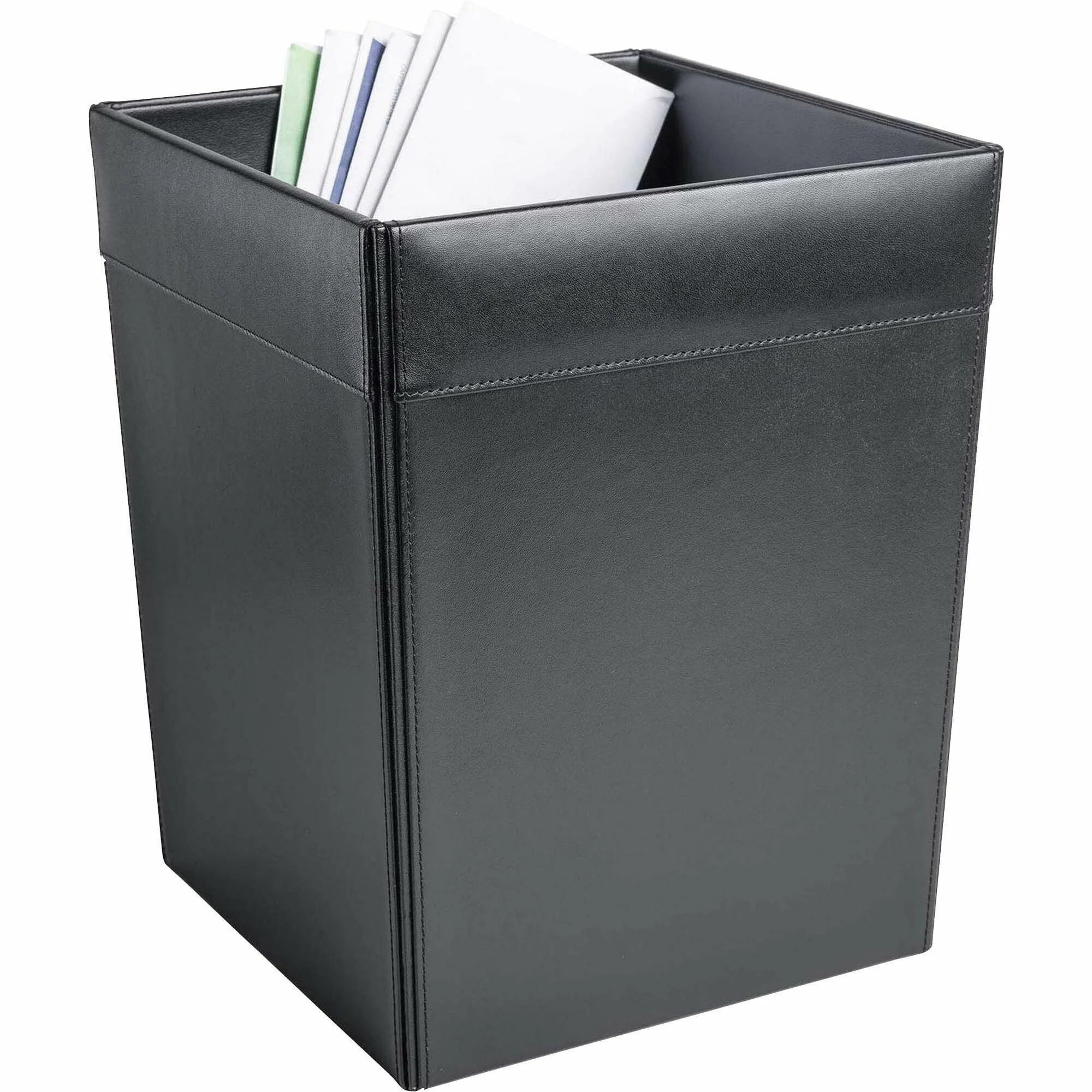 Dacasso Leather Square Wastebasket - 12’’ Height - Black - Waste Containers & Lids